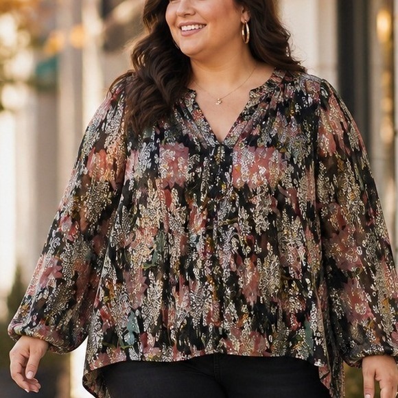 June + Vie Tops - June + Vie Metallic Floral Blouse 2X Boho Peasant Top Shimmering Artsy Luxe
